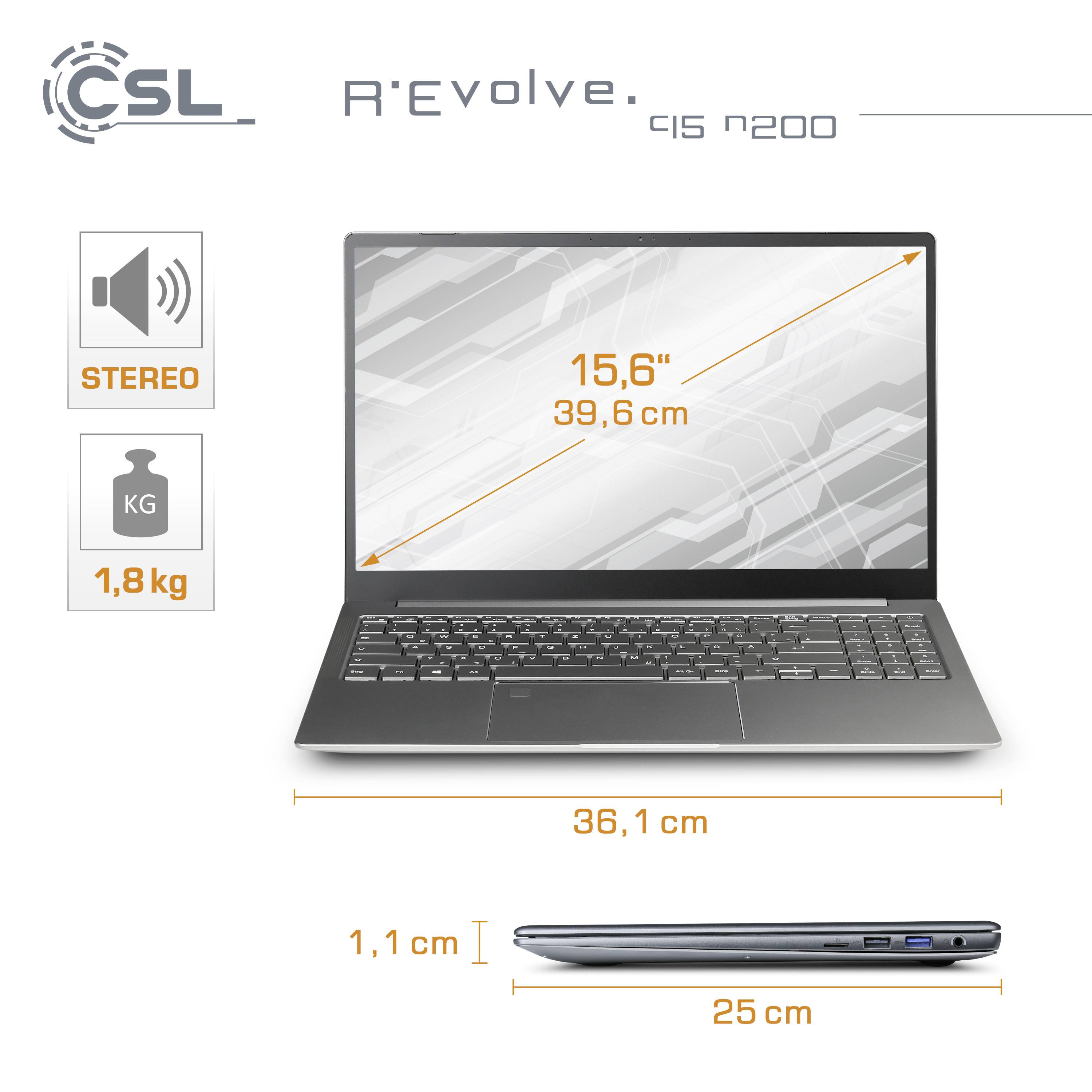 CSL Computer Notebook R'Evolve C15 v3 39.6cm (15.6 Zoll) Full HD Intel® N N200 16GB RAM 1TB SSD Deutsch, QWERTZ Silber 90026