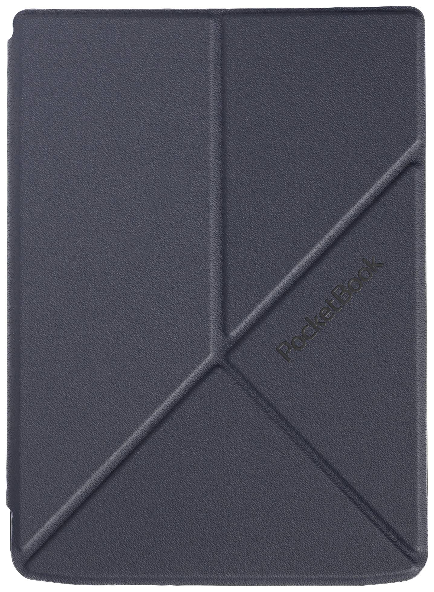 Dunkelblaues PocketBook-Etui mit geometrischen Linienmuster, schützt E-Reader vor Kratzern und Stößen.