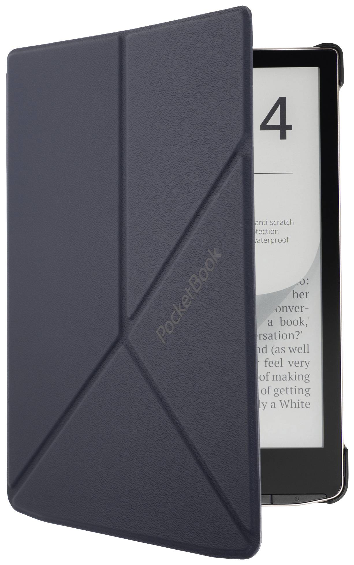 Ein schwarzer E-Reader mit halb offenem Schutzcover zeigt auf dem Bildschirm eine Buchseite. Der Markenname ist seitlich zu sehen.