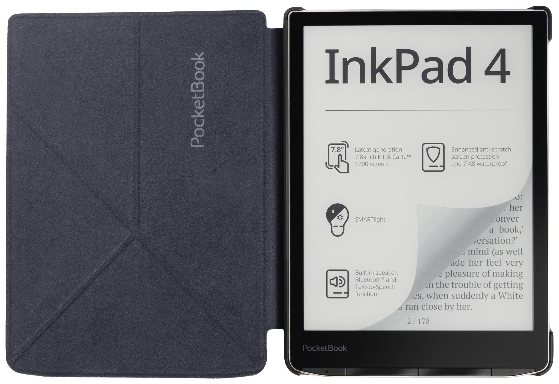 Ein E-Reader, das PocketBook InkPad 4, ist gezeigt. Der Bildschirm zeigt Text, während das Gerät teilweise in einer Schutzhülle steckt.
