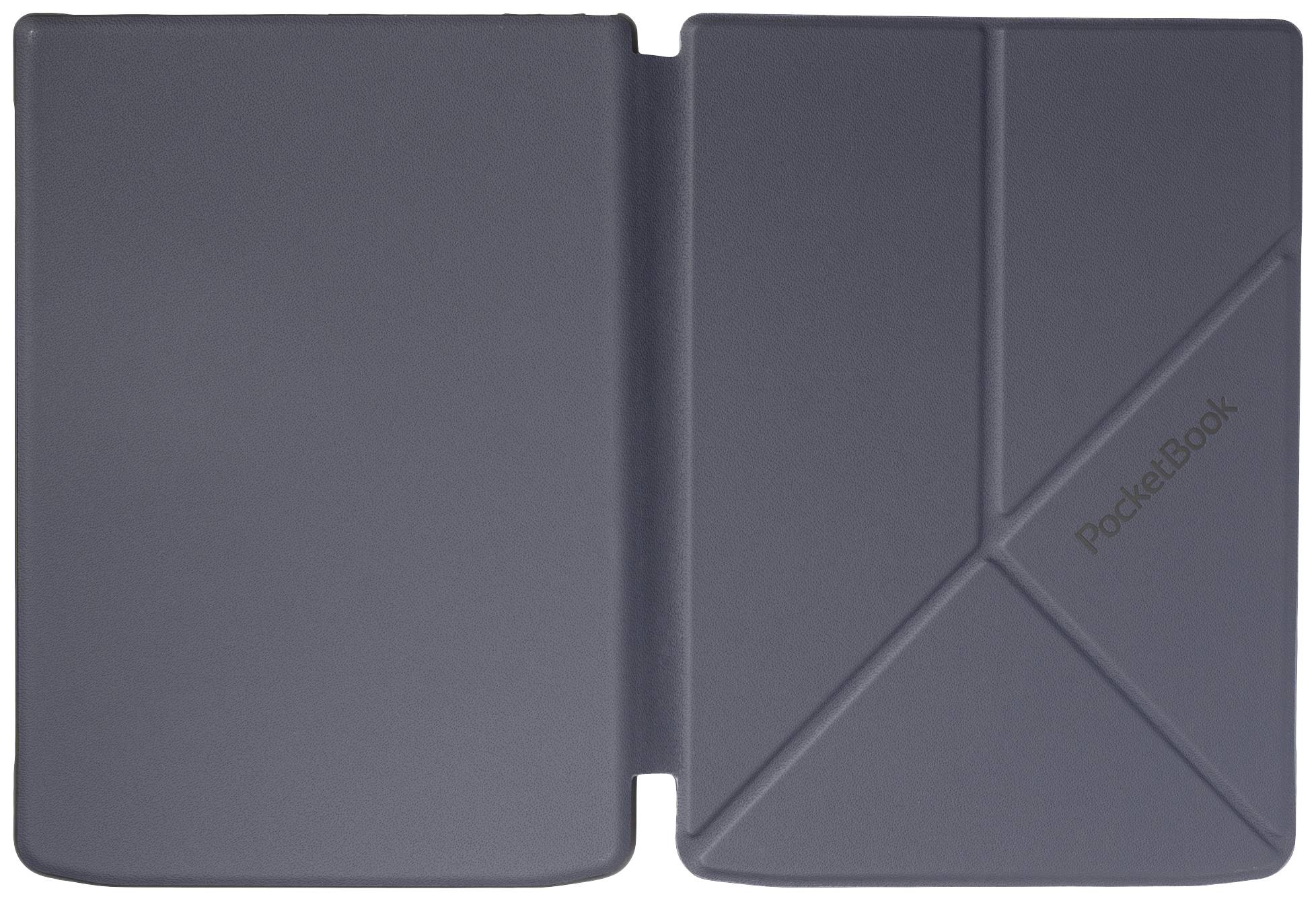 Eine graue Tablet-Hülle mit geometrischem Design und der Aufschrift 'PocketBook', geöffnet und von oben fotografiert.
