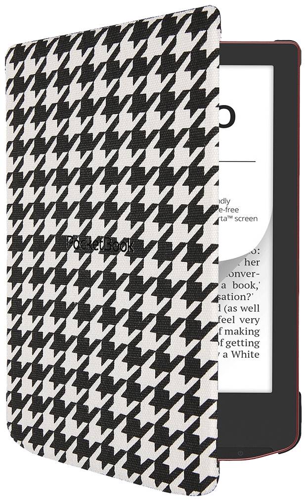 E-Book-Reader mit einem geöffneten geometrisch gemusterten Cover. Der Bildschirm zeigt Text in Schwarz-Weiß.