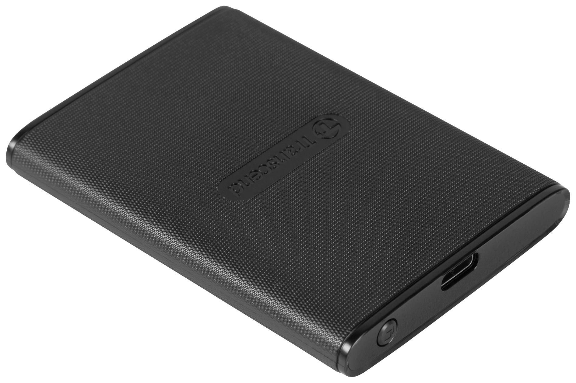 Externe schwarze Festplatte, rechteckig und kompakt, mit USB-Anschluss an der Seite sichtbar.