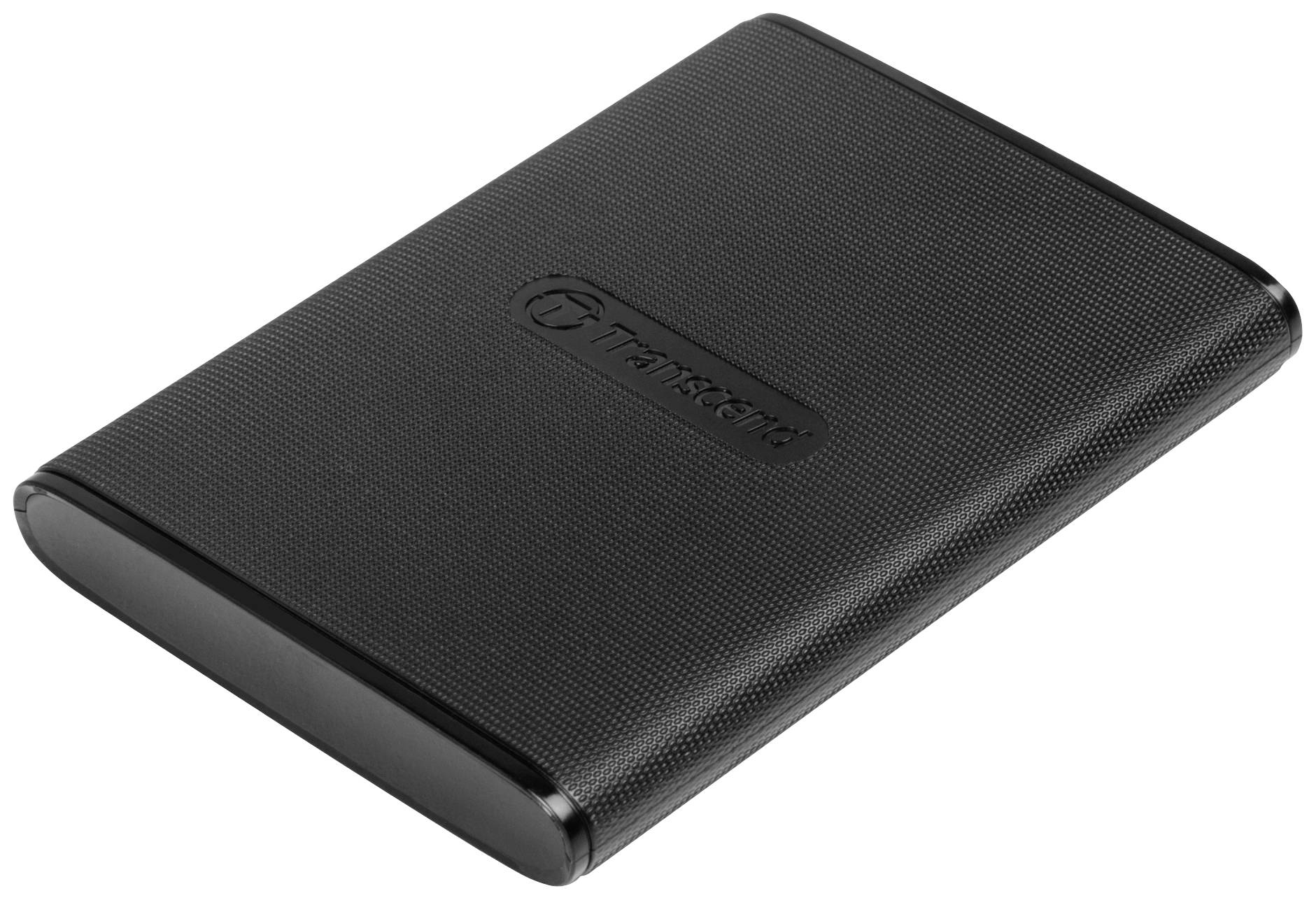 Schwarze externe Festplatte mit Transcend-Logo, rechteckig und kompaktes Design.