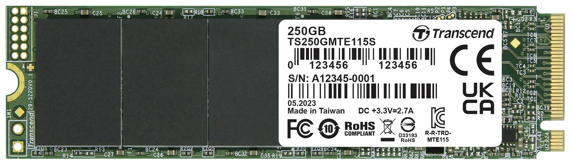 Eine 250GB Transcend SSD, Modell TS250GMTE115S, mit Herstellungsort Taiwan. CE, FCC, RoHS und UKCA Kennzeichnungen sind sichtbar.