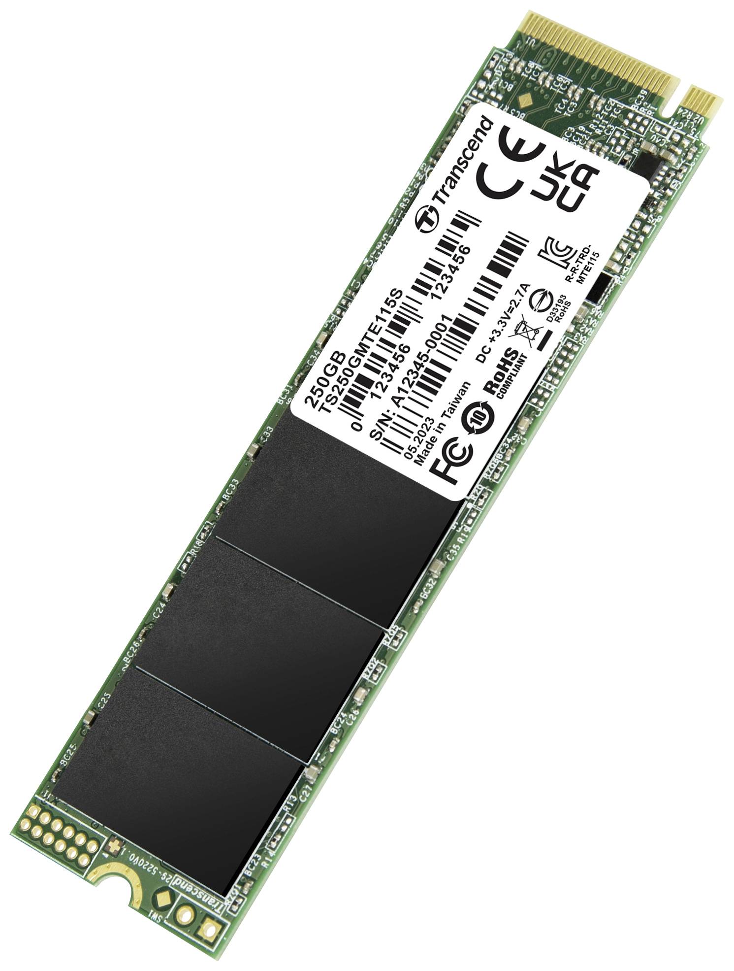 Schlanker grüner Solid-State-Drive, 250 GB, von Transcend mit Aufkleber, der technische und regulatorische Informationen zeigt.