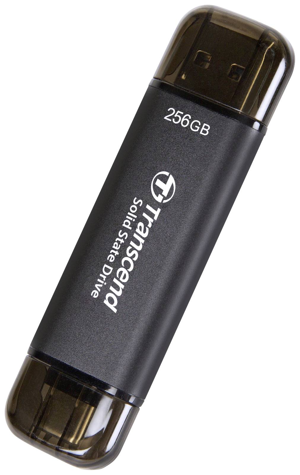 USB-Stick 'Transcend Solid State Drive', 256 GB Speicherkapazität, schwarz, transparent-kappen. Kompakt und tragbar.