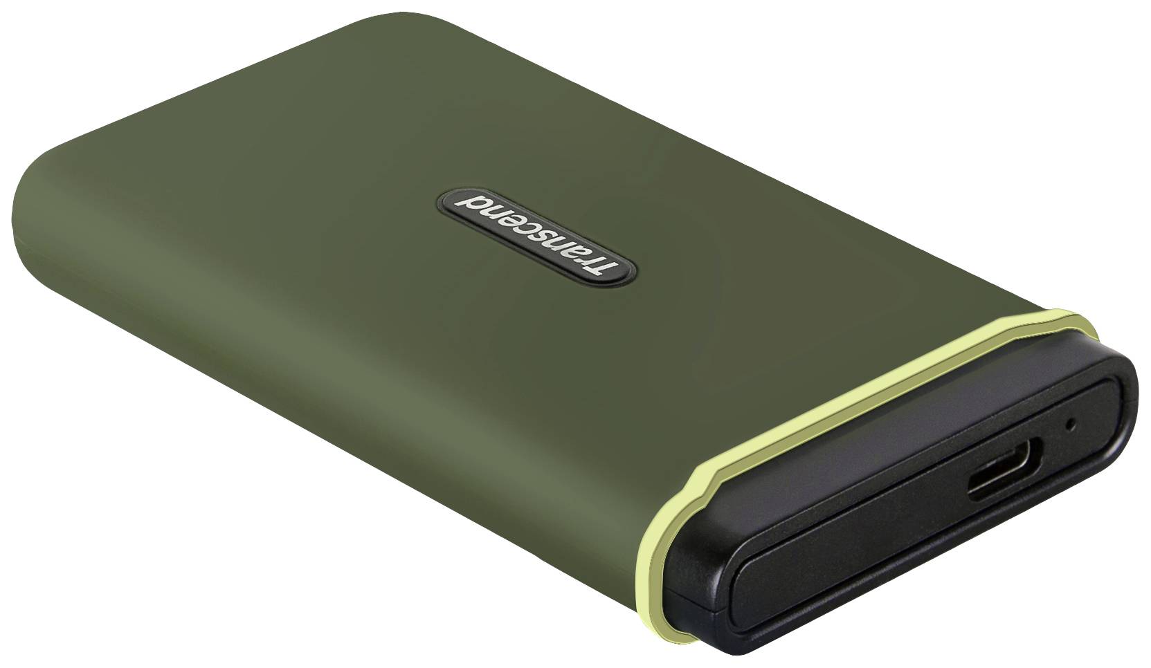 Externe Festplatte mit grünem, gummierten Gehäuse und USB-Anschluss, ideal für stoßsichere Datensicherung unterwegs.