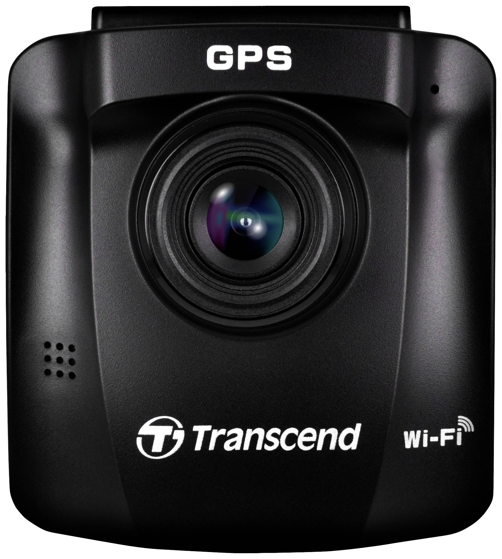Eine schwarze Dashcam mit 'GPS' am oberen Rand und 'Transcend' sowie 'Wi-Fi' Logos unten, zentrierte Kameraoptik sichtbar.
