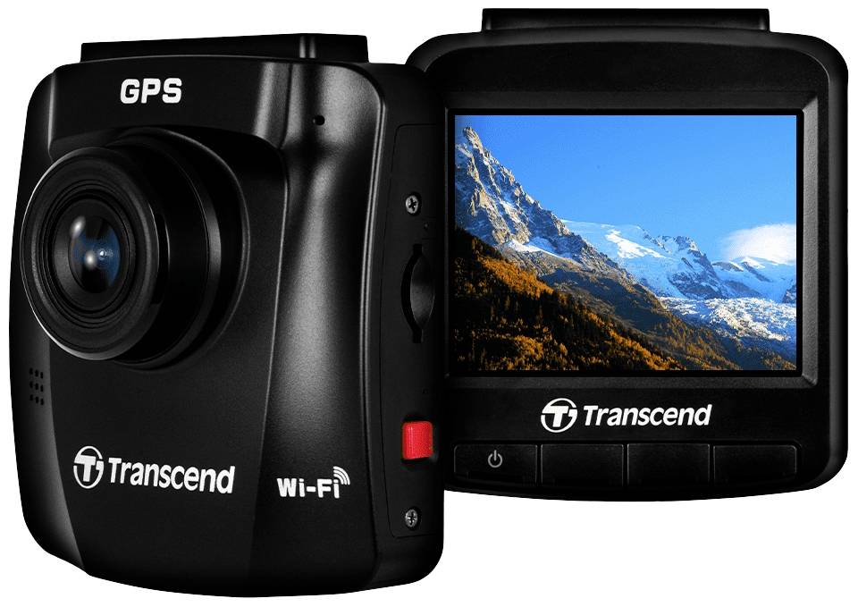 Eine schwarze Dashcam mit GPS und Wi-Fi, zeigt auf dem Display ein Landschaftsbild mit schneebedeckten Bergen. Markenname 'Transcend'.