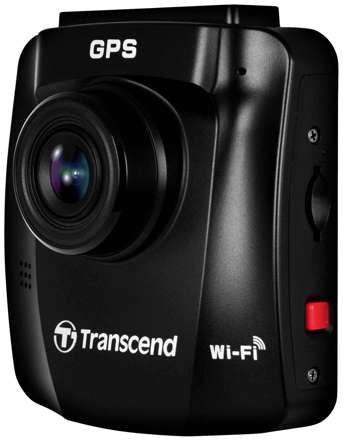Schwarze Transcend Dashcam mit GPS und Wi-Fi-Fähigkeit, Seitenansicht mit sichtbarer Linse und rotem Knopf.