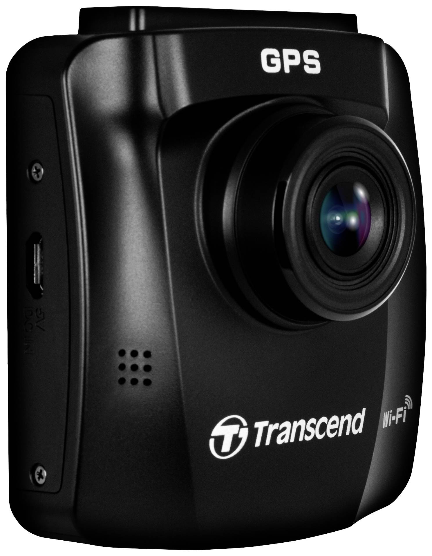 Eine schwarze Transcend Dashcam mit GPS- und Wi-Fi-Funktion, seitliche Ansicht. Hauptmerkmale: großes Objektiv, kompakt.