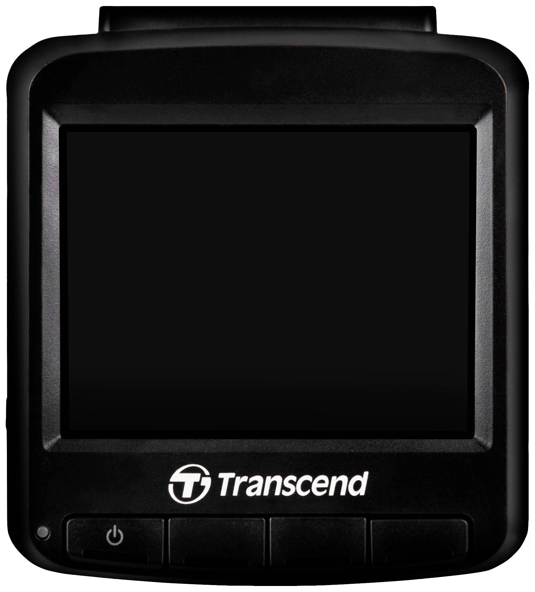 Schwarze Dashcam mit großem Display und drei Tasten darunter, Marke 'Transcend'.