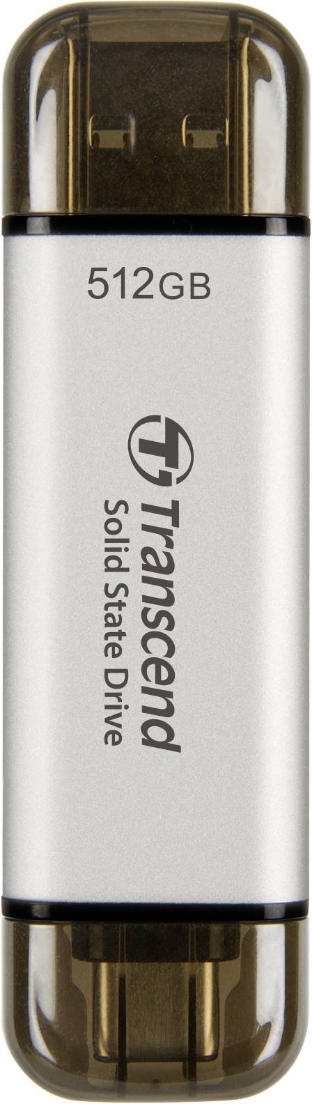 Ein silberner USB-Stick mit der Aufschrift 'Transcend Solid State Drive 512GB' und durchsichtigem, braunem Gehäuse.