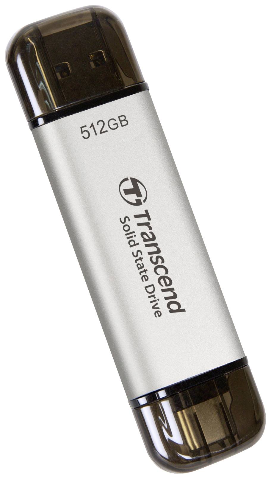 Ein USB-Stick mit 512GB Kapazität und der Aufschrift 'Transcend Solid State Drive'. Schwarz-silbernes Gehäuse.