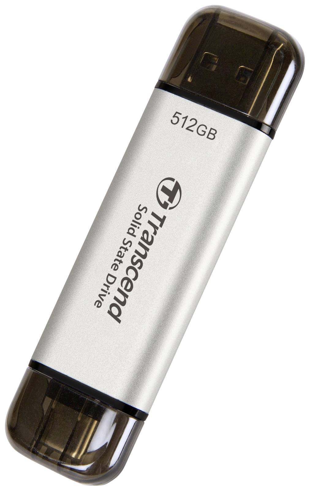 USB-Stick mit der Aufschrift 'Transcend Solid State Drive' und '512GB'.