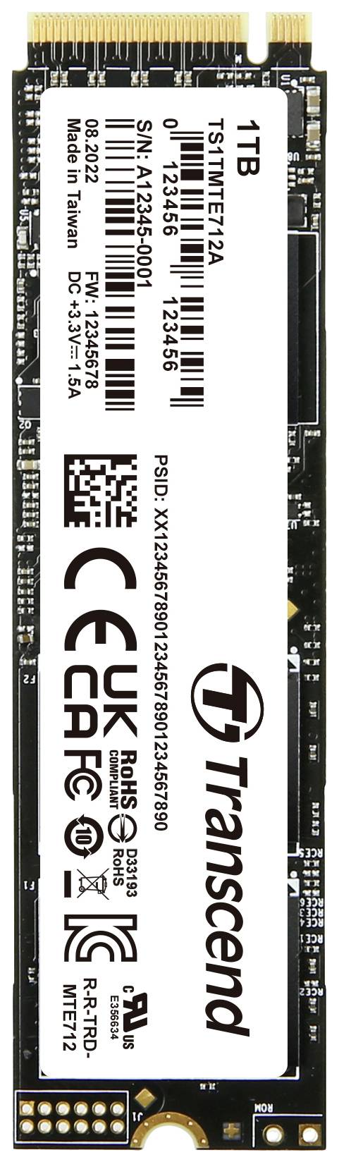 'Transcend' NVMe SSD mit 1TB Kapazität; Modell TS1TMTE12A. Zeigt technische Spezifikationen und Seriennummer auf einem weißen Etikett.