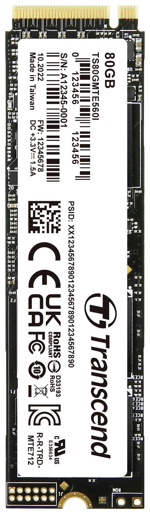 Foto einer Transcend 8GB SSD, Modell TS480GJ7TE650I, mit verschiedenen Zulassungslogos und Seriennummer auf weißem Hintergrund.