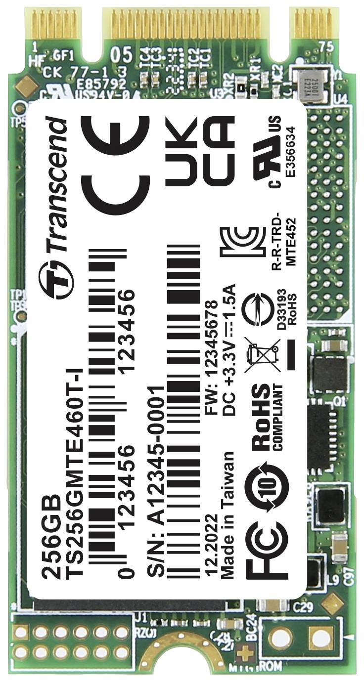 Festplatte Transcend M.2, 256GB Speicher, Modellnummer: TS256GMTE460T-I, zeigt verschiedene Zertifizierungslogos und Seriennummer.