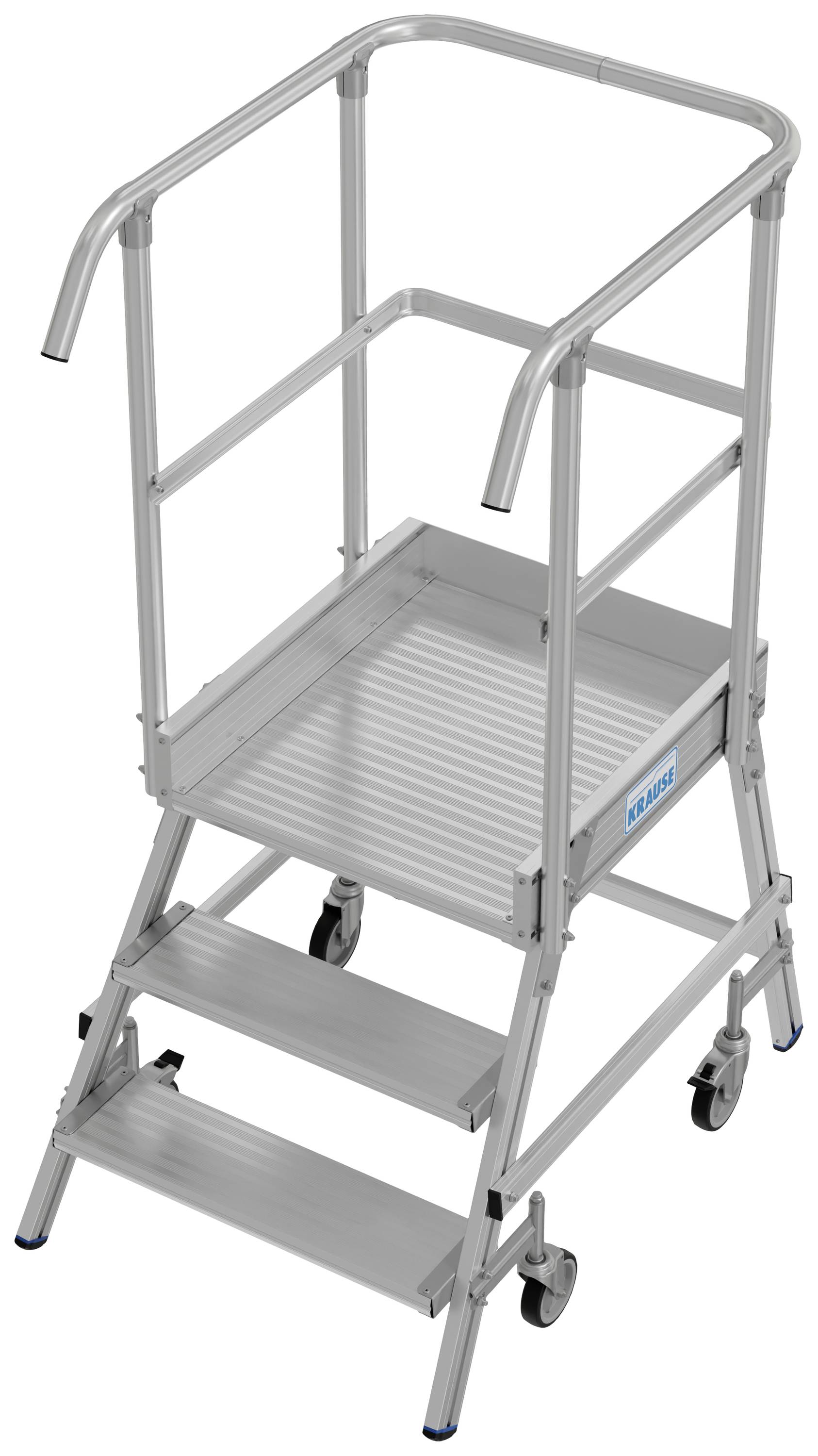 Kleines, stabiles Treppengerüst aus Metall mit zwei Stufen und Rollen, geeignet für den industriellen Einsatz.