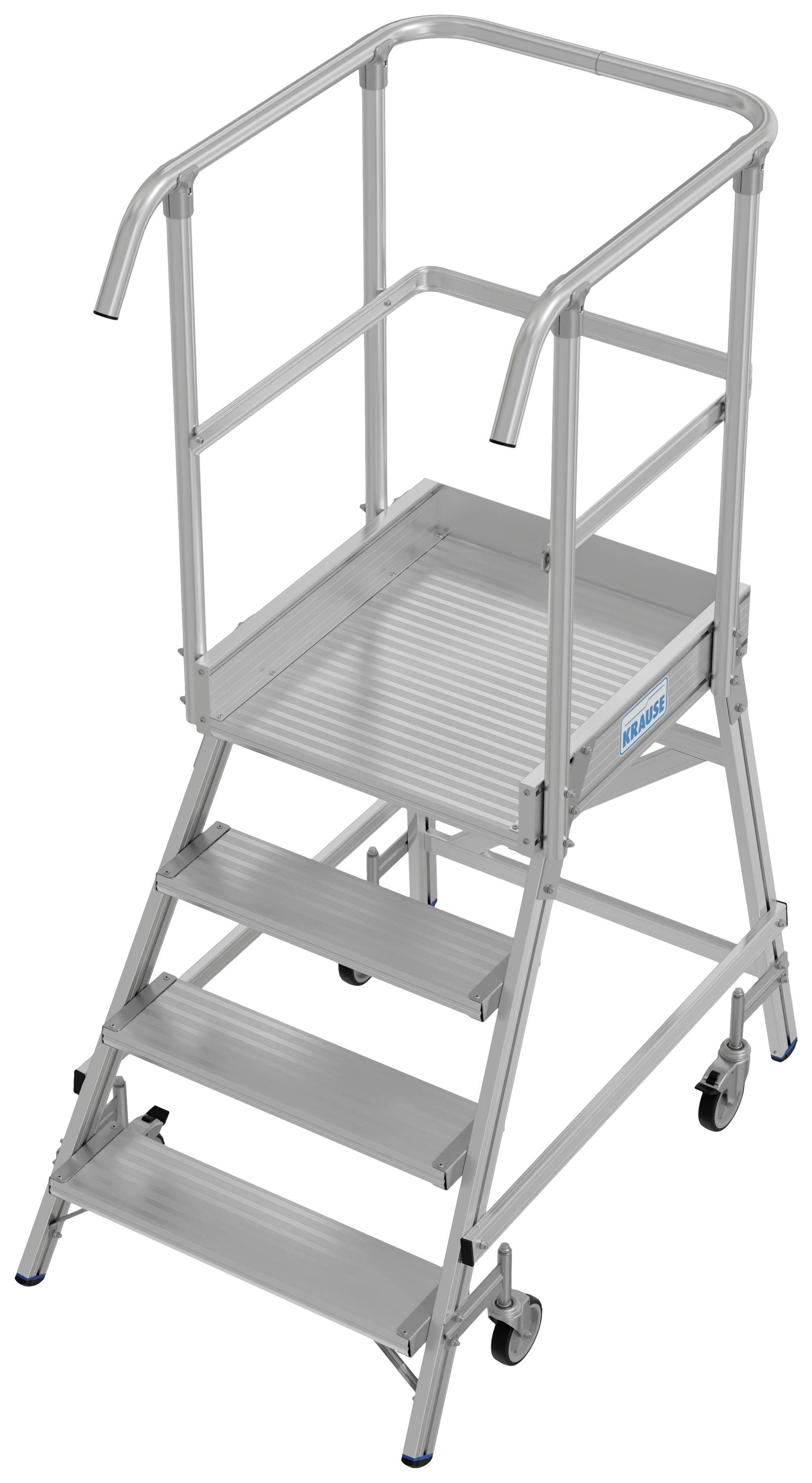 Metallstufenleiter mit vier Stufen und Handläufen, gefertigt aus Aluminium, auf Rädern. Geeignet für sicheres Arbeiten in der Höhe.