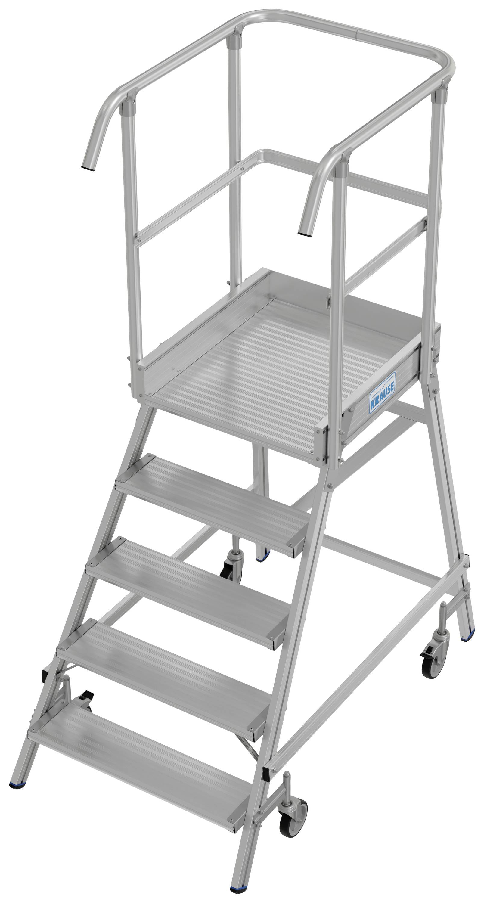 Eine silberne, fahrbare Plattformleiter mit fünf Stufen und einem Geländer oben, auf Rollen, für sicheren Stand bei Arbeiten in der Höhe.