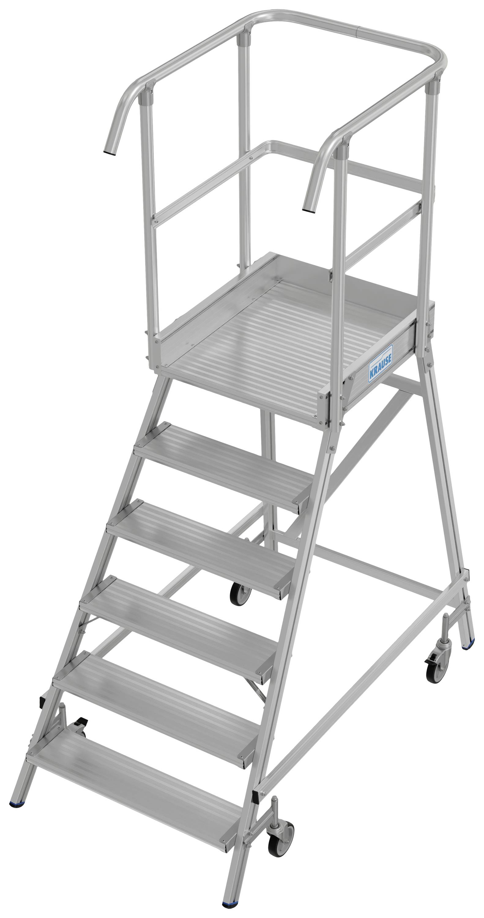 Eine silberne mobile Podestleiter mit sechs Stufen, Geländerschutz und Rollen. Entworfen für sicheres Arbeiten in der Höhe.