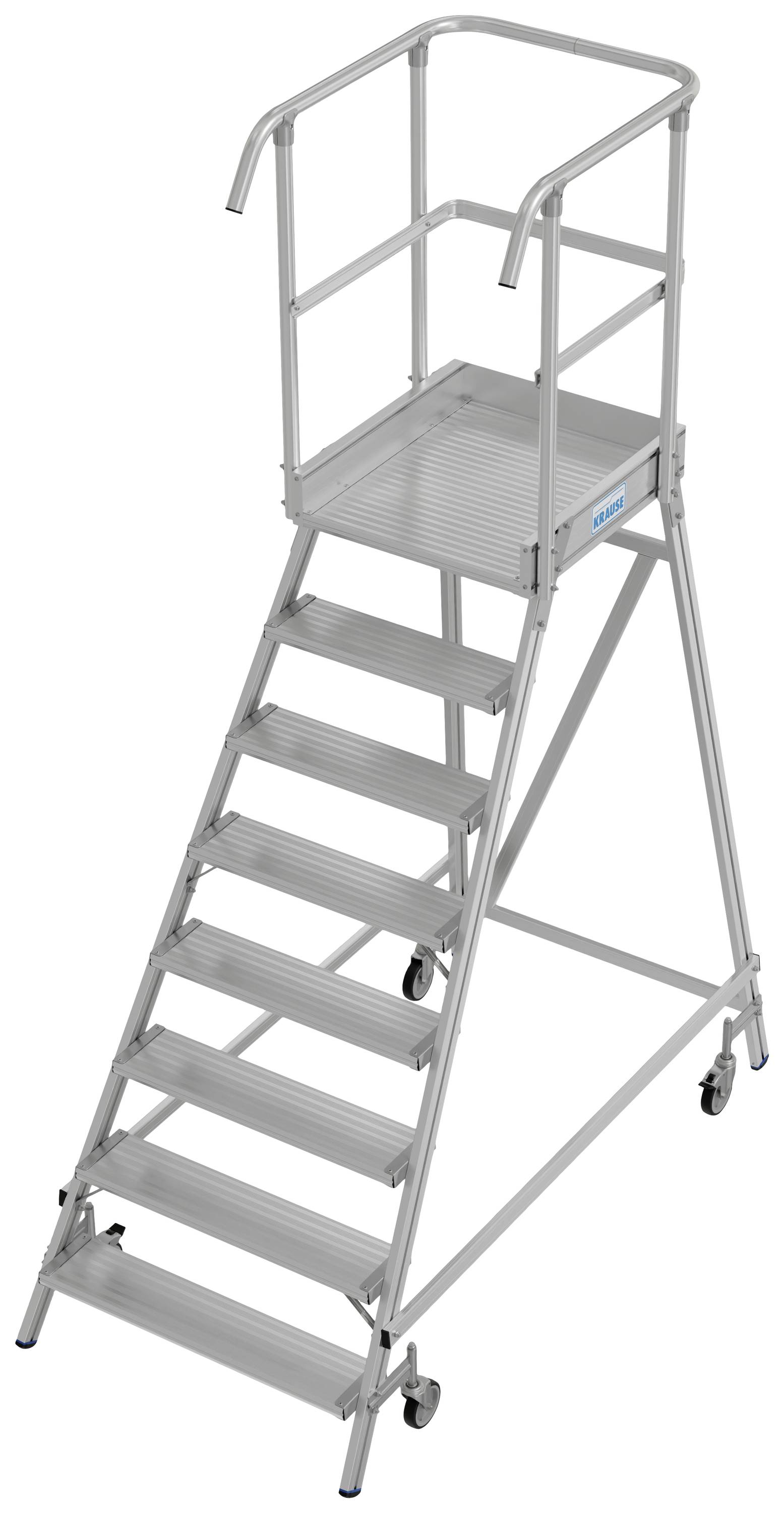 Eine mobile Plattformtreppe aus Metall mit mehreren Stufen und Handläufen, auf Rollen, für sicheren Zugang zu hohen Bereichen.
