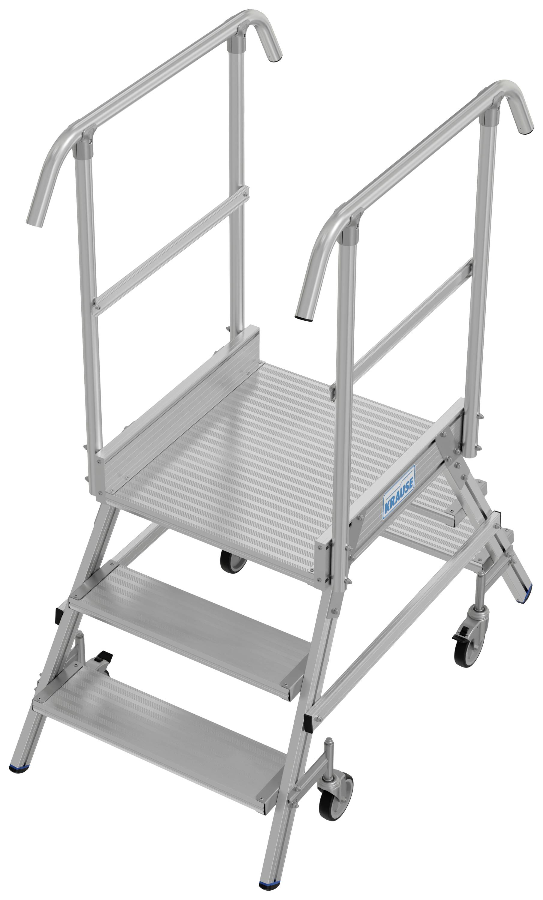 Metallene Sicherheitsplattform mit zwei Stufen, ausgestattet mit Handläufen und Rädern, für stabilen Stand und leichten Transport.