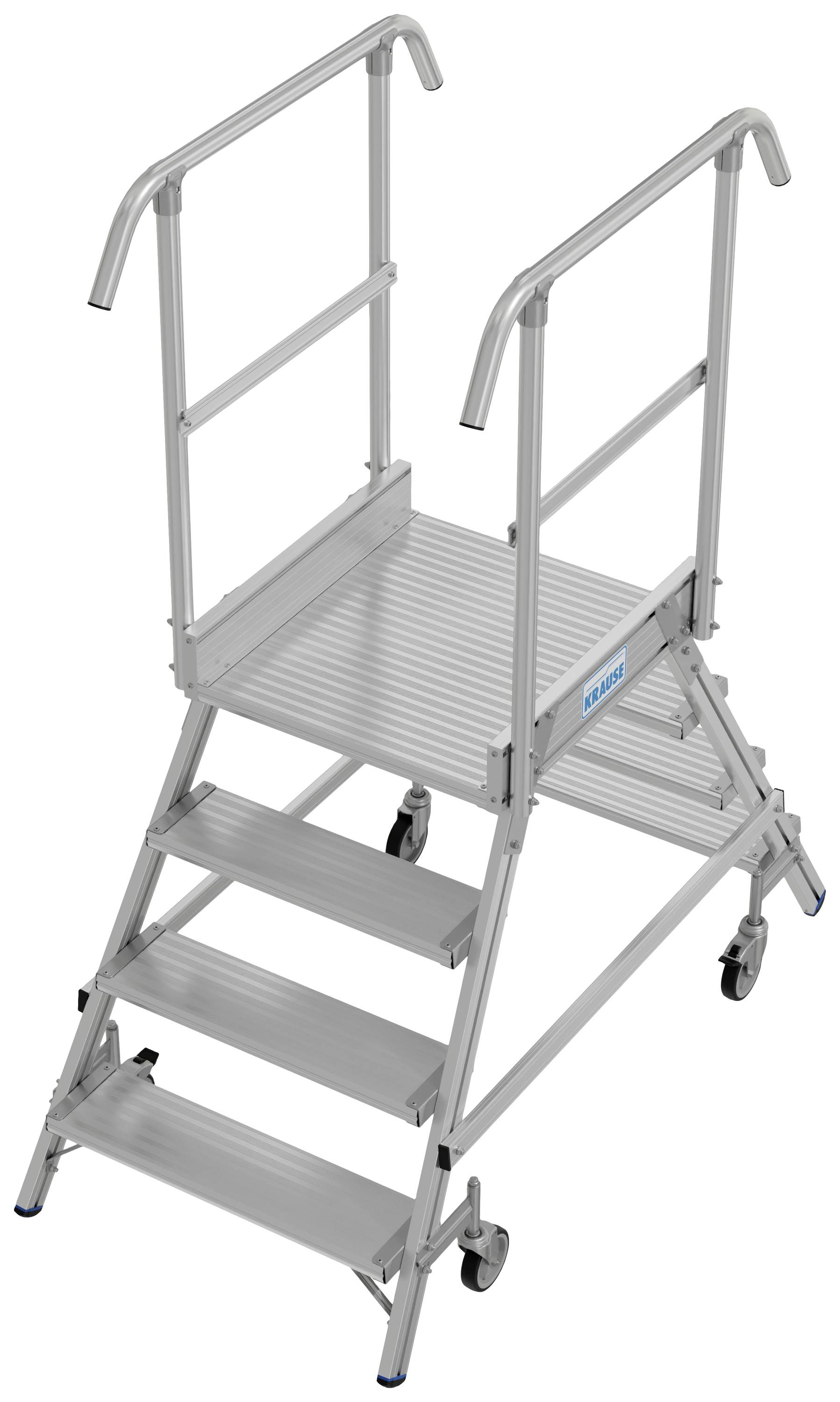 Aluminium-Trittleiter mit vier Stufen und Geländern an beiden Seiten, montiert auf Rollen für einfache Beweglichkeit.