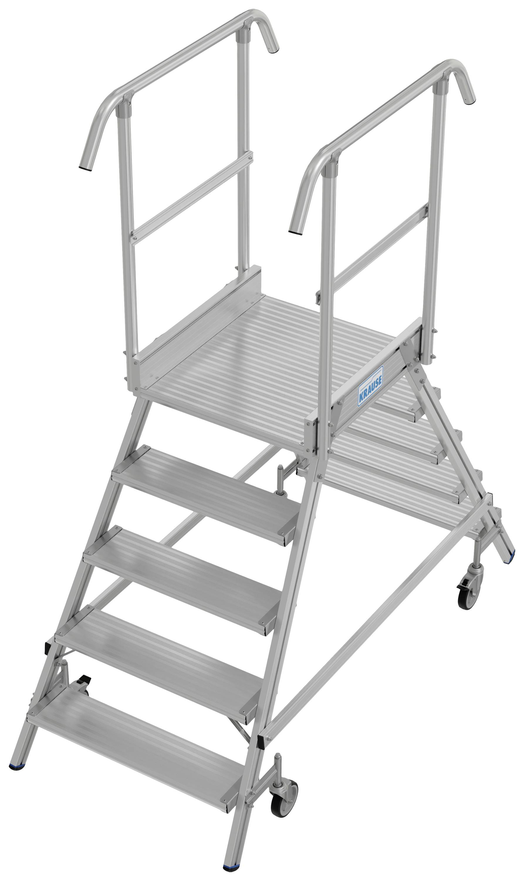 Aluminiumleiter mit fünf Stufen und Handläufen, geeignet für sicheres Arbeiten in der Höhe. Mobil durch Rollen.