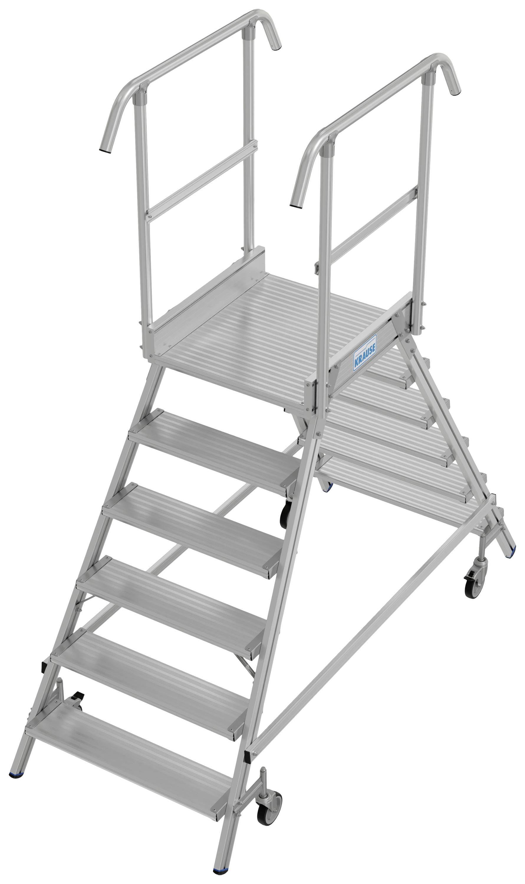 Silberne, mobile Plattformtreppe mit sechs Stufen und Geländern auf beiden Seiten, geeignet für sichere Höhenarbeiten.