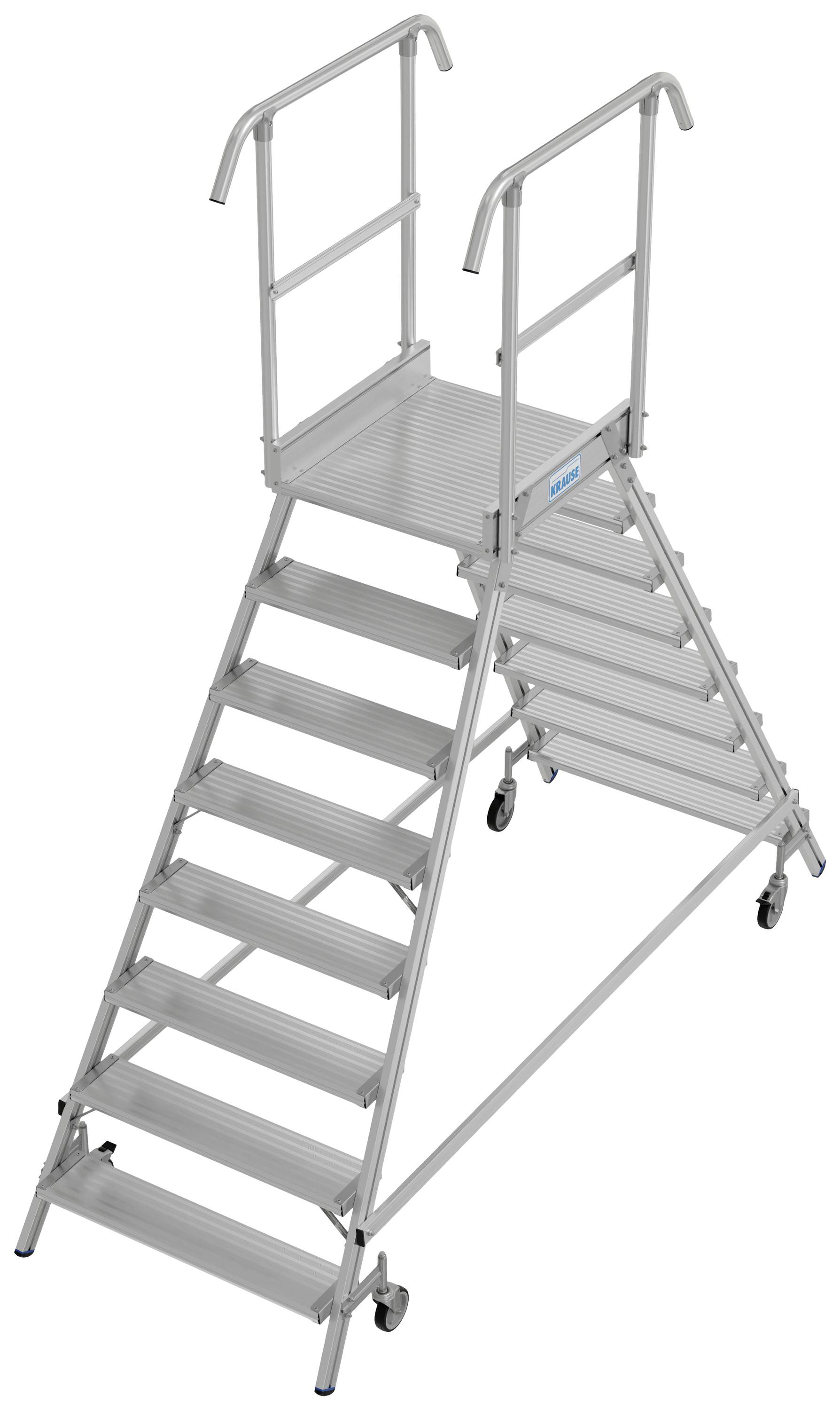 Aluminiumplattformleiter mit Handläufen und zehn Stufen auf Rädern, genutzt für sicheren Zugang zu hohen Lagerplätzen in Industrieumgebungen.