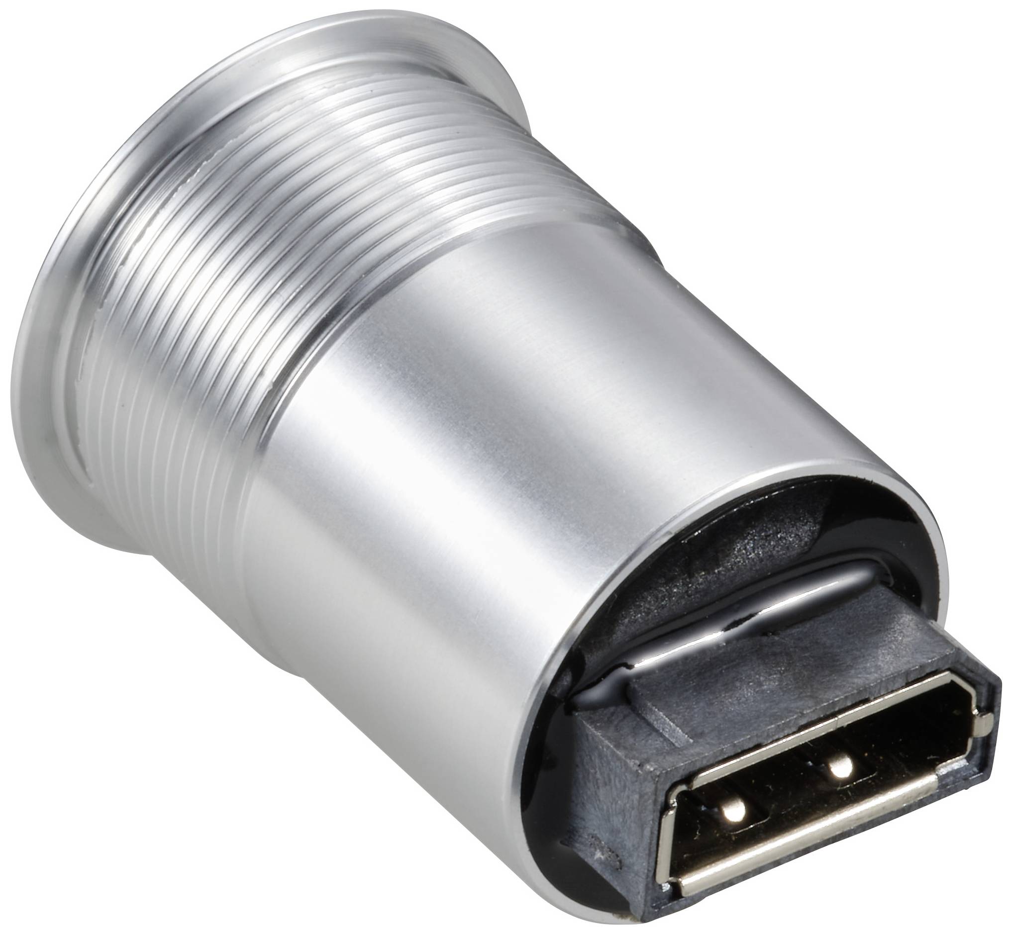 Ein silberner, zylindrischer Metalladapter mit einem rechteckigen Anschlussstecker, der für elektronische Verbindungen genutzt wird.