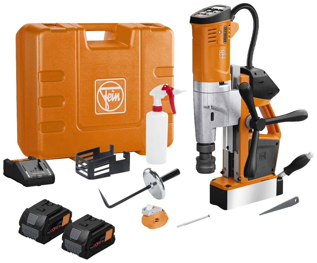 Magnetbohrmaschine mit Zubehör: Koffer, zwei Akkus, Ladegerät, Sprühflasche, Schutzring und Halterung. Ideal für Metallarbeiten.