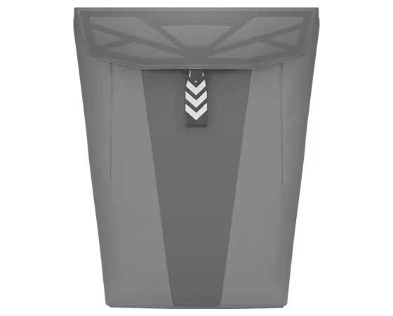 Graue, trapezförmige Box mit geometrischem Deckelmuster und nach unten zeigendem Pfeilmotiv in der Mitte.