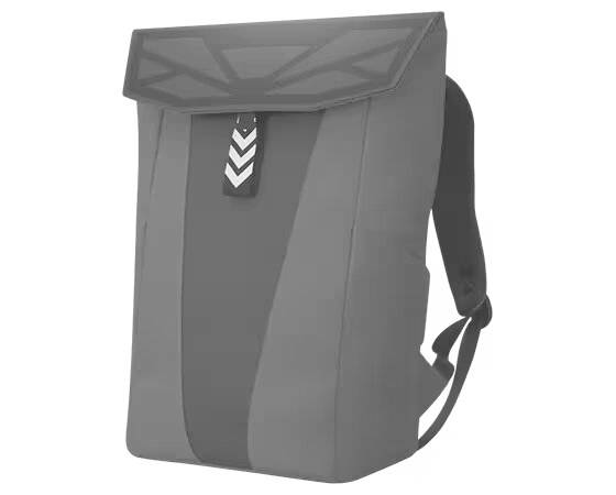 Ein grauer Rucksack mit einem Chevron-Muster auf der Vorderseite und gepolsterten Schultergurten.