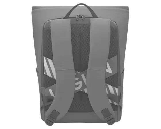 Ein Rucksack mit gepolsterten Schulterriemen und einem oberen Tragegriff, vorne ein geometrisches Muster erkenntlich.