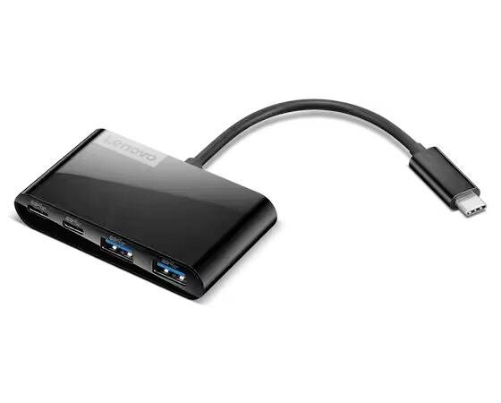 Ein schwarzer USB-C-Hub mit mehreren Anschlüssen, geeignet für die Erweiterung von USB-Funktionen an einem Computer oder Laptop.