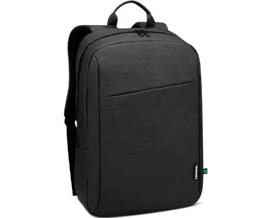 Ein schwarzer Rucksack mit einem minimalistischen Design, zwei Reißverschlüssen und einem kleinen grünen Etikett an der Seite.