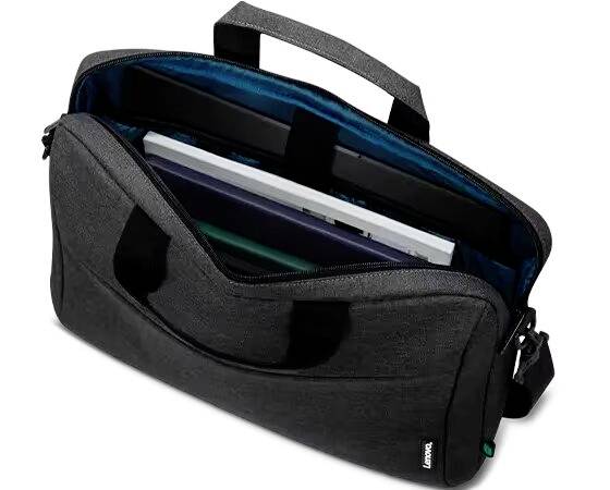 Schwarze Laptoptasche, geöffnet, zeigt mehrere Fächer für Laptop und Zubehör. Ideal für den Transport von Elektronikgeräten.