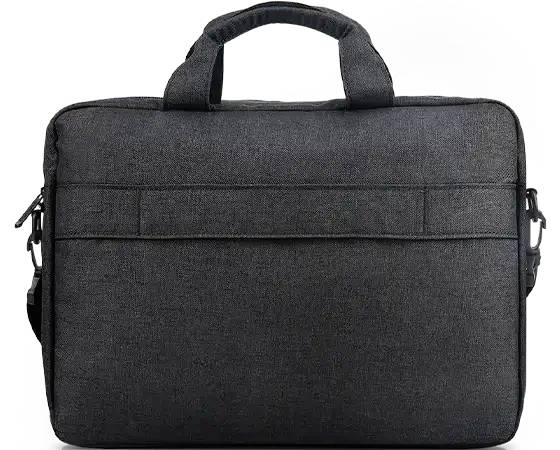 Eine schwarze Laptoptasche mit zwei Henkeln und einem einstellbaren Schultergurt, schlichtes Design ohne sichtbare Logos oder Ziernähte.