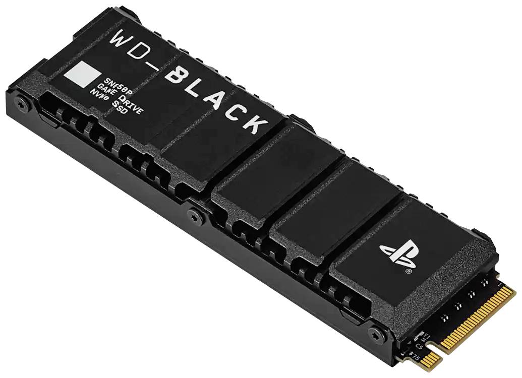 Eine WD_BLACK Game Drive NVMe SSD mit PlayStation-Logo, geeignet für Spielekonsolen.