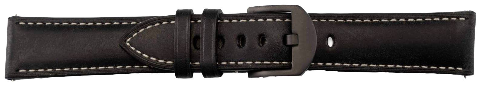Schwarzes Lederarmband mit weißer Naht und Metallschließe, Ansicht von oben. Ideal als Ersatzarmband für Uhren.