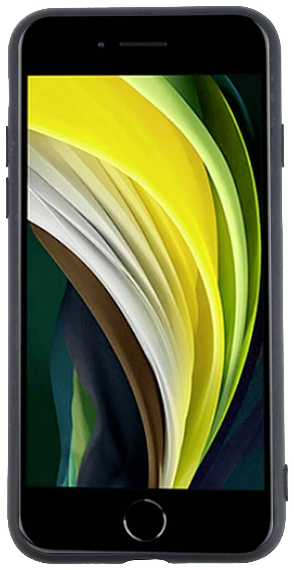 Ein Smartphone mit einem leuchtenden, abstrakten Hintergrund in Gelb-, Grün- und Brauntönen auf dem Bildschirm.