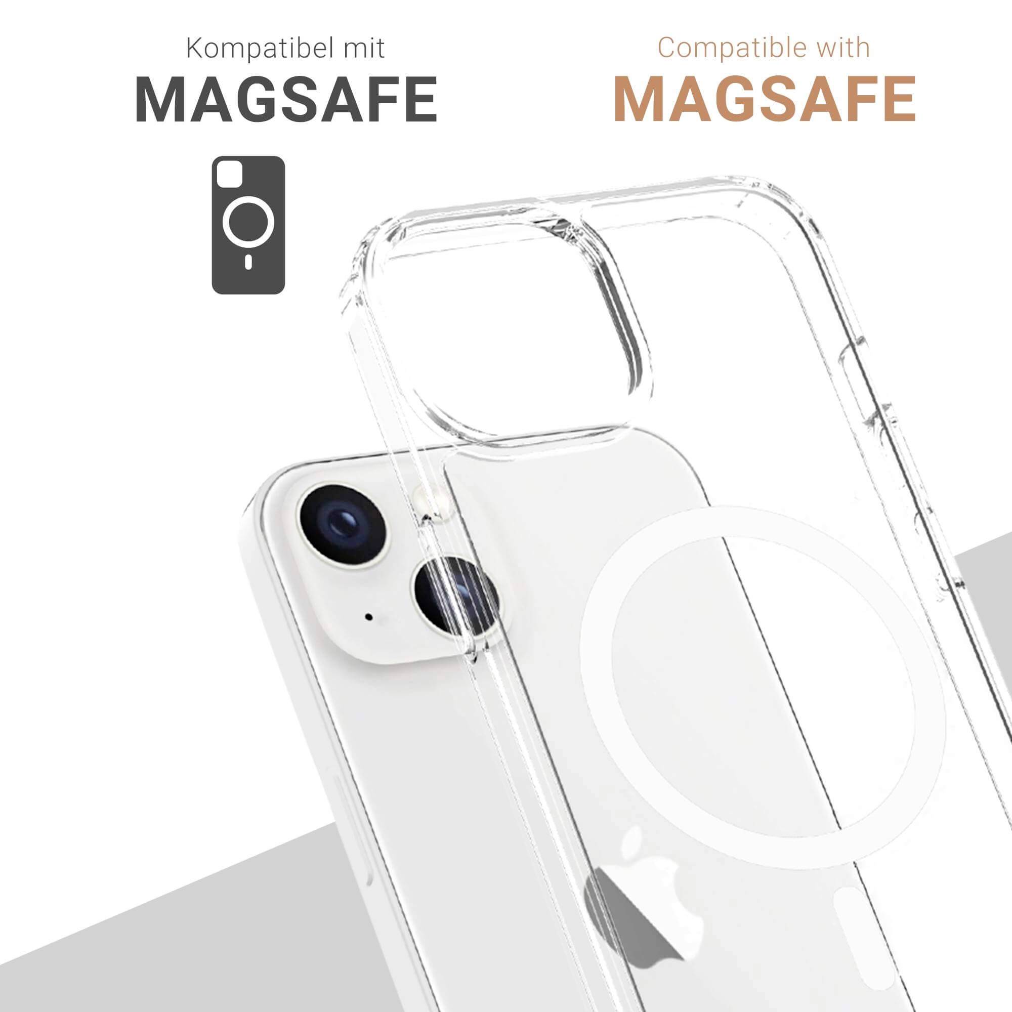 Ein durchsichtiges Handyhülle mit MagSafe-Funktion, kompatibel mit iPhone. Zeigt ein eingebauter Magnetring zur Unterstützung von MagSafe-Zubehör.
