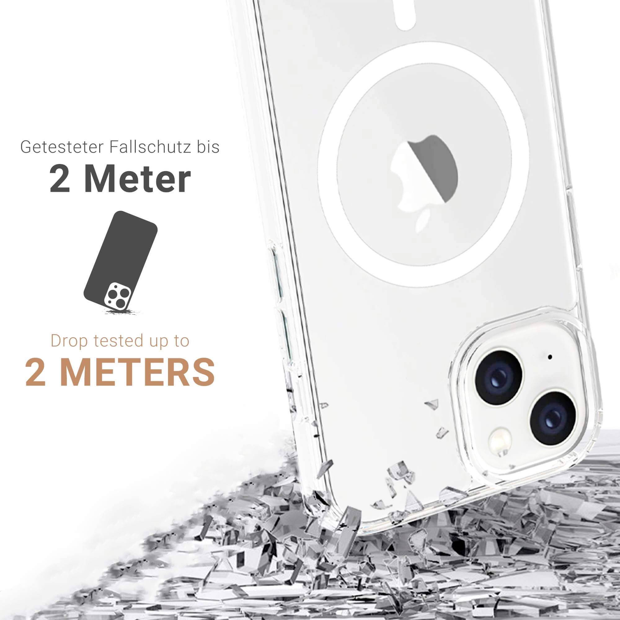 Smartphone fällt aus 2 Metern Höhe auf Glassplitter. Text: 'Getesteter Fallschutz 2 Meter'. Betont Stoßfestigkeit.