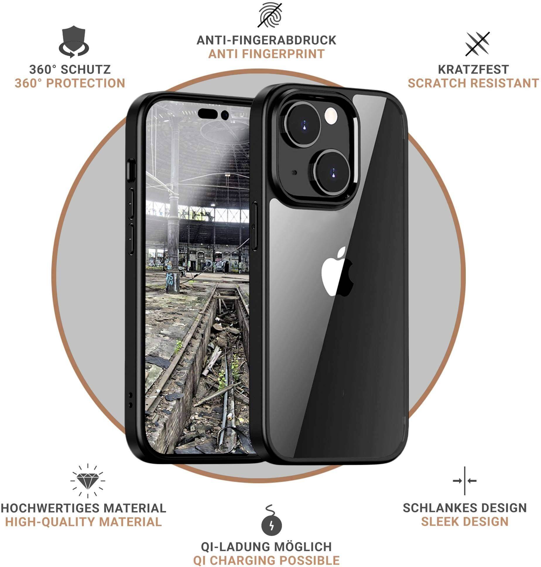 JT Berlin Pankow Hybrid Backcover Apple iPhone 13 Schwarz, Transparent Stoßfest, Induktives Laden 10921