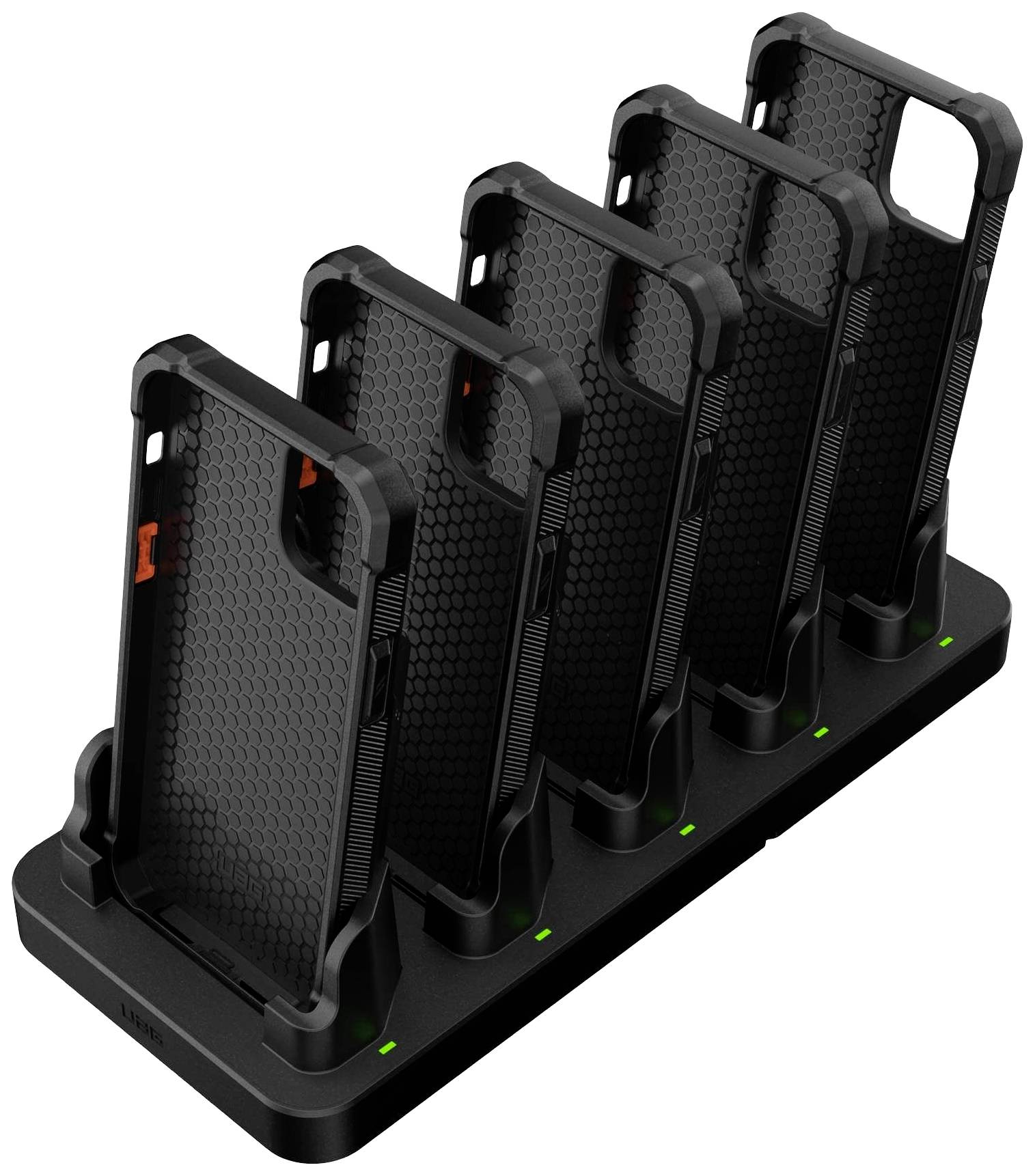 Fünf schwarze Handyhüllen stehen in einer geordneten Reihe in einer Lade- oder Aufbewahrungsstation.