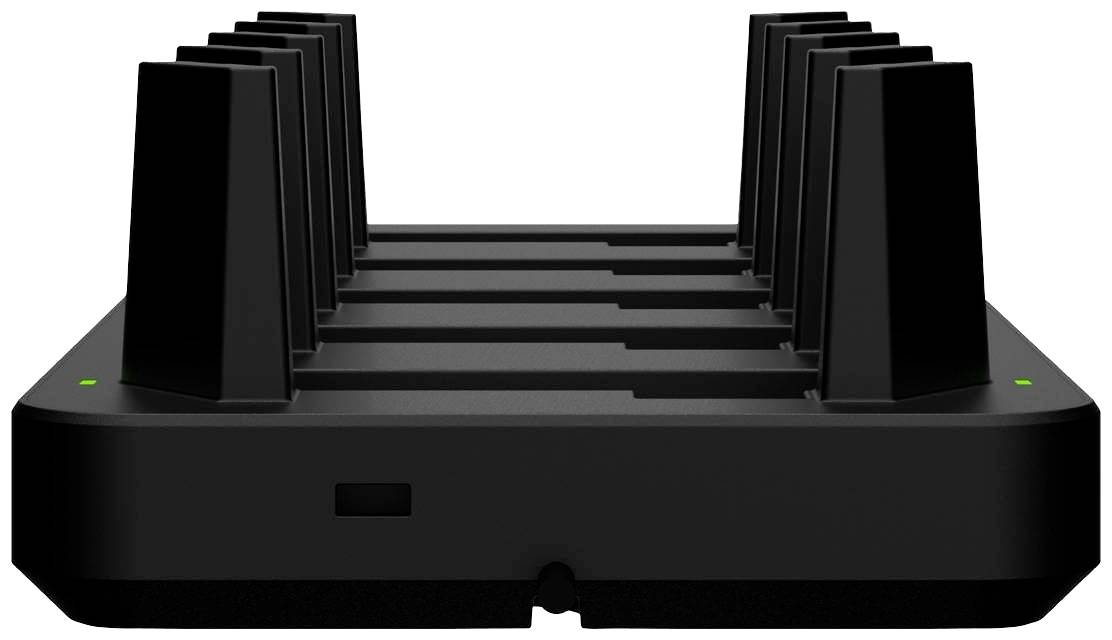 Ein Ladegerät mit mehreren Steckplätzen für elektronische Geräte, in Reihen angeordnet, mit leuchtenden grünen Kontrollleuchten.